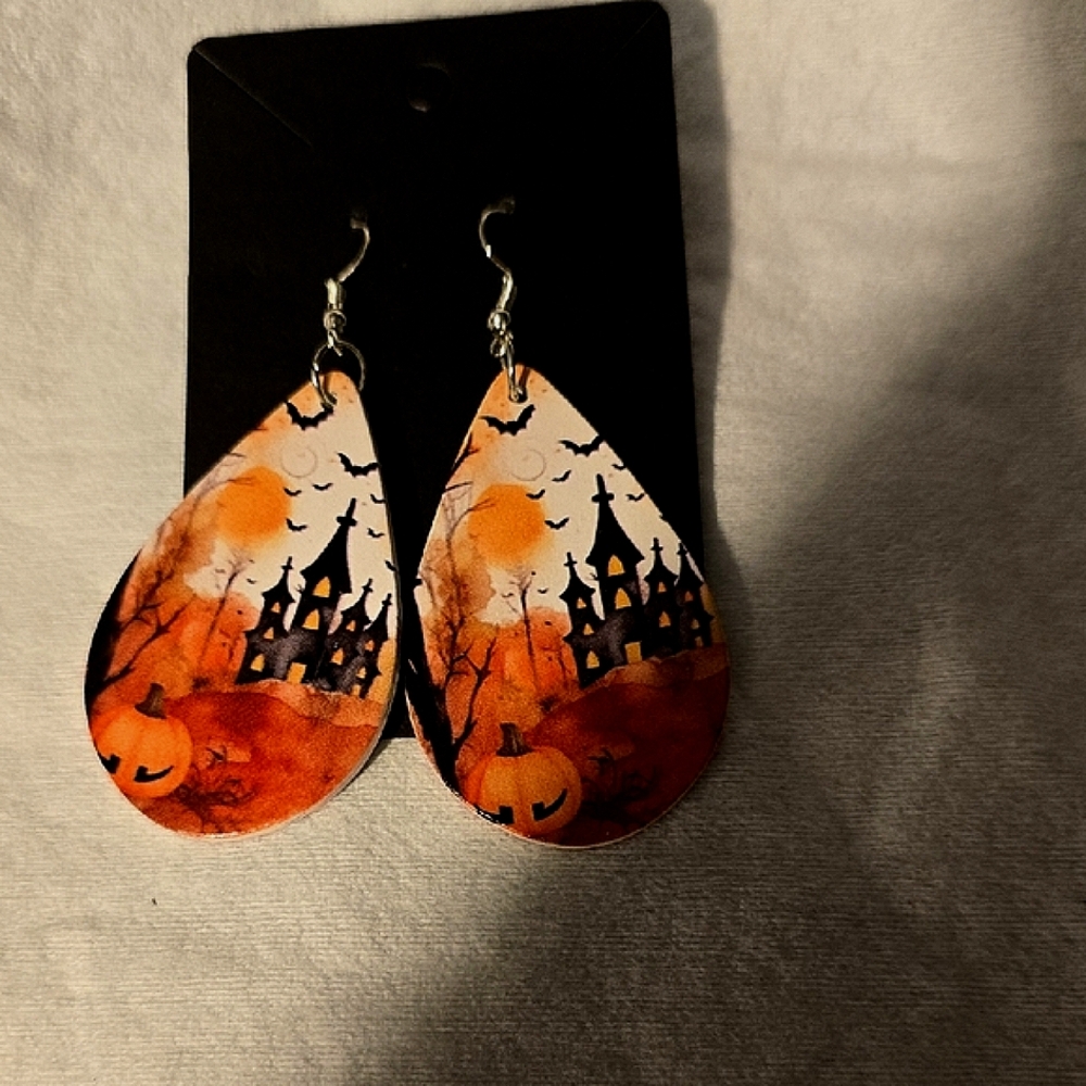 Halloween Castle and Pumpkin Teardrop Earrings